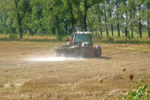 Traktor rozsypuje nawóz na polu. Wapnowanie gleby kiedy najlepiej? Jesień lub wczesna wiosna to idealny czas.